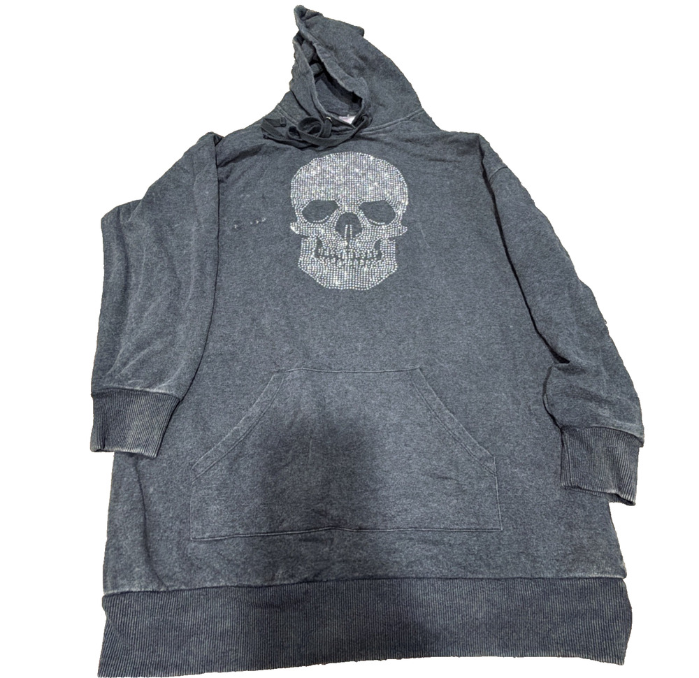No Boundaries Rhinestone Skull Longline Hoodie Medium Gray Goth